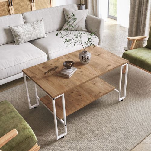 Table Basse Rectangulaire Nury - Double Plateau Bois Naturel - Pieds Metal Blanc Design Scandinave Et Moderne