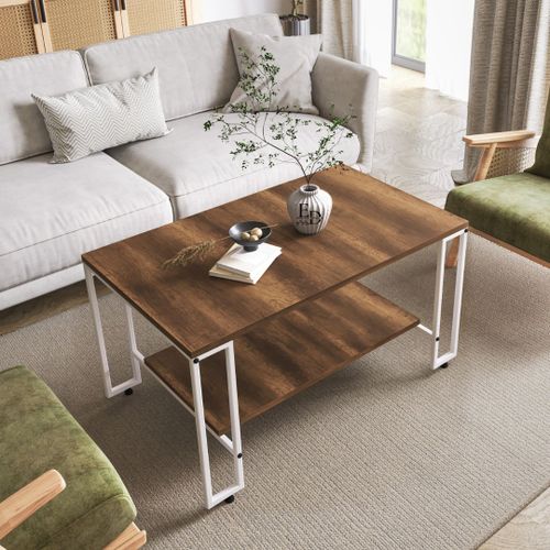 Table Basse Rectangulaire Nury - Double Plateau Bois Fonce - Pieds Metal Blanc Style Scandinave Moderne