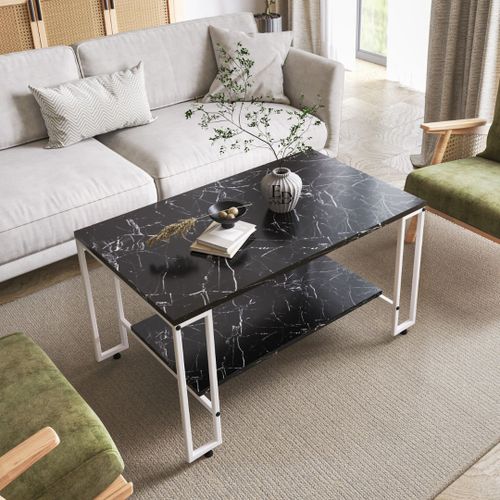 Table Basse Rectangulaire Nury - Double Plateau Effet Marbre Noir - Pieds Metal Blanc Design Moderne
