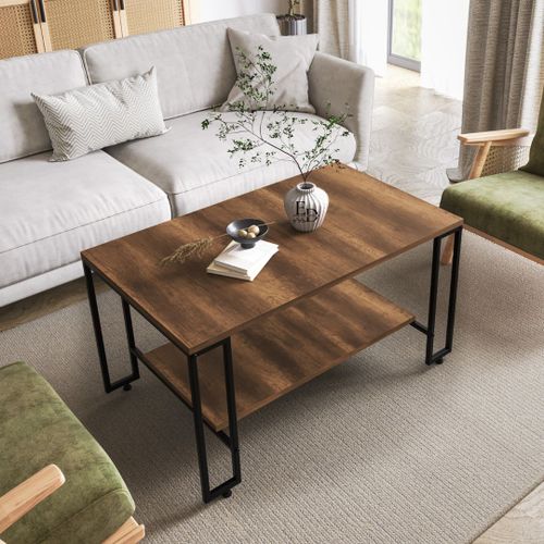 Table Basse Rectangulaire Nury - Double Plateau Bois Fonce - Design Industriel Pieds Metal Noir