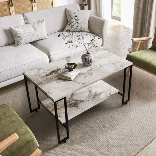 Table Basse Rectangulaire Nury - Double Plateau Effet Marbre Blanc - Design Moderne Pieds Metal Noir