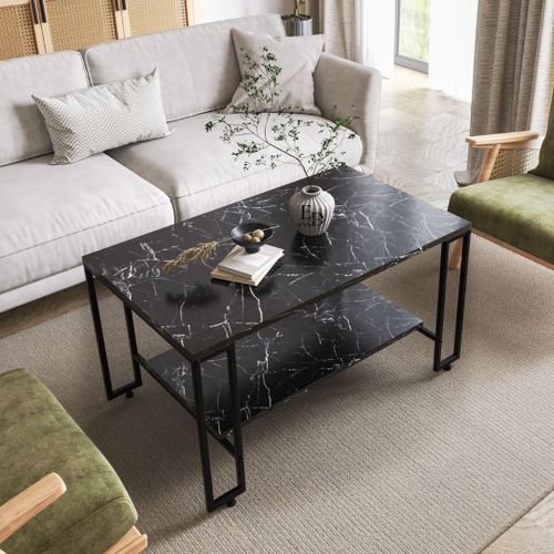 Table Basse Rectangulaire Nury - Double Plateau Effet Marbre Noir - Design Industriel Pieds Metal Noir