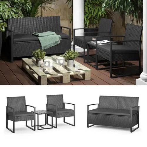 Ok-Living Salon De Jardin Banc Avec Coffre De Rangement Mobilier De Jardin Effet Rotin Anthracite Chaise Table