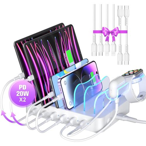 GOTHICANA BY EMPStation De Charge Usb C 6 Ports Pour Plusieurs Appareils, 2 Pd 20W Charge Rapide Pour Lphone16/15,8Pcs Câbles De Charge Usb Et 1Pcs Support Amélioré Pour Chargeur Iwatch Et Airpods In