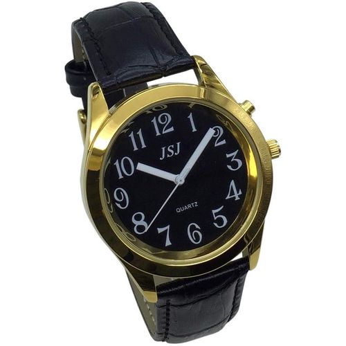 Gouts Et Couleursmontre Parlante Analogique Avec Alarme Annonce De L'heure Et Date En Français Pour Aveugle Et Les Personnes Malvoyant, Couleur Dorée, Bracelet Cuir Noir Tuf-G807