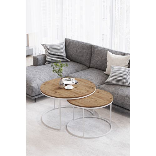 Tables Basses Rondes Bois Clair - Modele Paris - Set De 2 Tables Gigognes Scandinaves Metal Blanc