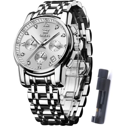 Gouts Et Couleursmontre Pour Homme Avec Diamant Analogique En Acier Inoxydable Argenté Étanche Avec Date, Chronographe, Chiffres Romains