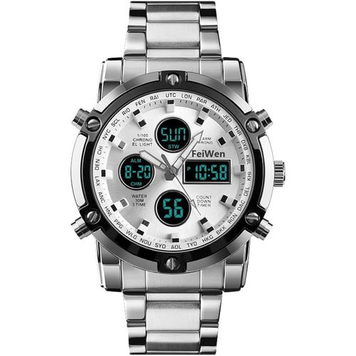 Gouts Et Couleursmode Acier Inoxydable Montres Bracelet De Homme Analogique Quartz Led Digital Temps Trois Outdoor Multifonctionnel Montre Alarme Chronomètre 12h/24h Calendrier Décontracté Style
