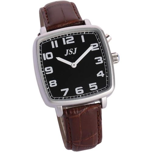 Gouts Et Couleursmontre Parlante Analogique De Forme Carrée Avec Fonction Alarme Annonce De L'heure Et Date En Français, Cadran Noir, Bracelet Cuir Marron Tfsw-1714f