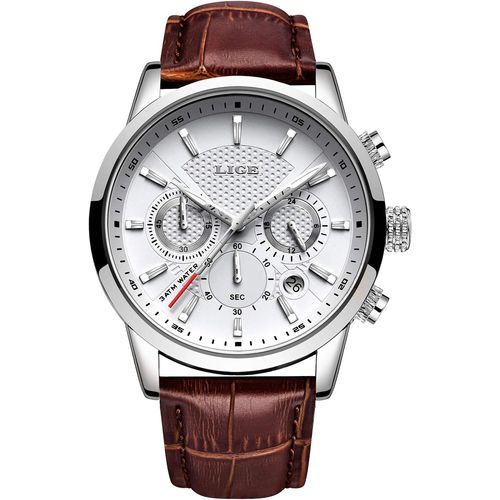 Gouts Et Couleursmontres Hommes Mode Étanch Acier Inoxydable Analogique Quartz Sport Chronographe Blanc Cadran Classique Cuir Bracelet Montres¿