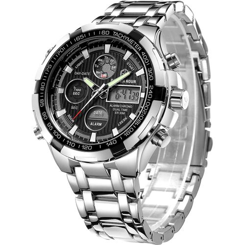Gouts Et Couleursmontre Numérique Et Analogique Pour Homme Dorée En Acier Inoxydable Lourd Sport Multifonctions, Chronographe, Étanche, Fonction Date, Alarme