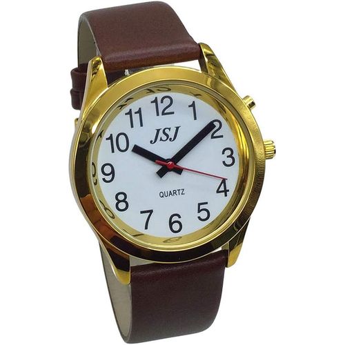 Gouts Et Couleursmontre Parlante Analogique Avec Alarme Annonce De L'heure Et Date En Français Pour Aveugle Et Les Personnes Malvoyant, Couleur Dorée, Bracelet Cuir Marron Tuf-G706