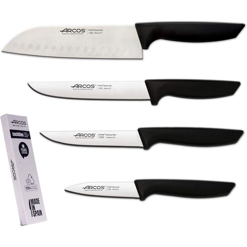 Jeu De Couteaux De Cuisine Professionnels En Acier Inoxydable | Manche Noir | Ustensiles | Couteau Japonais Santoku | Lave-Vaisselle (4 Pièces)