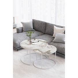 Tables Basses Rondes Effet Marbre Blanc - Modele Paris - Set De 2 Tables Gigognes Elegantes Metal Blanc