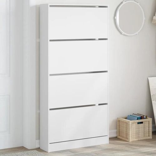 Armoire À Chaussures 4 Tiroirs Rabattables Blanc 80x21x163,5 Cm