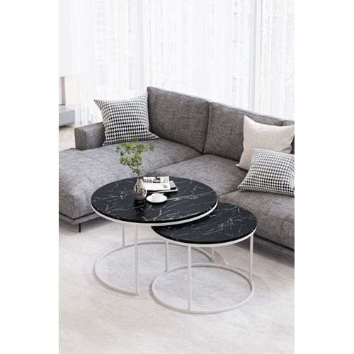 Tables Basses Rondes Effet Marbre Noir - Modele Paris - Set De 2 Tables Gigognes Elegantes Metal Blanc