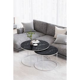 Tables Basses Rondes Effet Marbre Noir - Modele Paris - Set De 2 Tables Gigognes Elegantes Metal Blanc