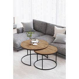 Tables Basses Rondes Bois Naturel - Modele Paris - Set De 2 Tables Gigognes Design Moderne Metal Noir