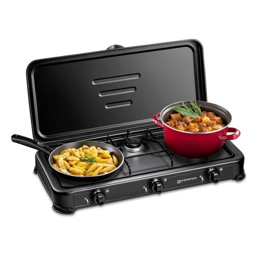Rechaud gaz portable 3 feux 3450W Noir Couvercle Plaque de cuisson KEMPER