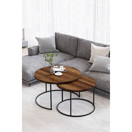 Tables Basses Rondes Bois Fonce - Modele Paris - Set De 2 Tables Gigognes Design Metal Noir
