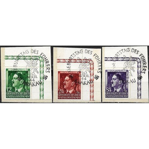 Pologne, Occupation Allemande, General Gouvernement 1944, Beaux Timbres Yvert 128 129 Et 130, 55ème Anniversaire Du Chancelier Hitler, Avec Cachet Spécial Intégral, Tbe.