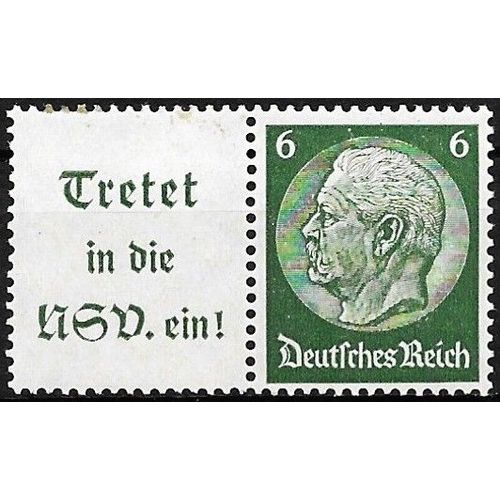 Allemagne, 3ème Reich 1934, Très Beau Timbre Yvert 487, Maréchal Hindenburg 6pf. Vert Foncé Avec Vignette De Propagande Pour La Nsv, Organisme De Bienfaisance Du Parti Nazi.