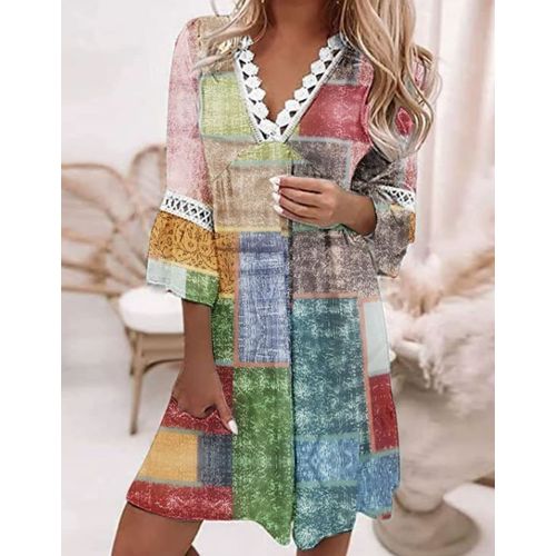 Mini Robe De Plage À Imprimé Patchwork, Vintage, Col En V, Demi-Manches, Style Bohème, Frais Et Doux Pour L'Été. Plusieurs Tailles Disponibles