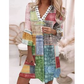 Mini Robe De Plage À Imprimé Patchwork, Vintage, Col En V, Demi-Manches, Style Bohème, Frais Et Doux Pour L'Été. Plusieurs Tailles Disponibles