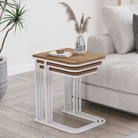 Tables Gigognes Rectangulaires Bois Naturel - Modele Lyon - Set De 3 Tables Basses Design Scandinave Metal Blanc