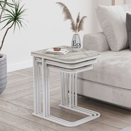 Tables Gigognes Rectangulaires Effet Marbre Blanc - Modele Lyon - Set De 3 Tables Basses Elegantes Metal Blanc