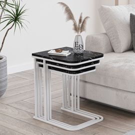 Tables Gigognes Rectangulaires Effet Marbre Noir - Modele Lyon - Set De 3 Tables Basses Design Metal Blanc