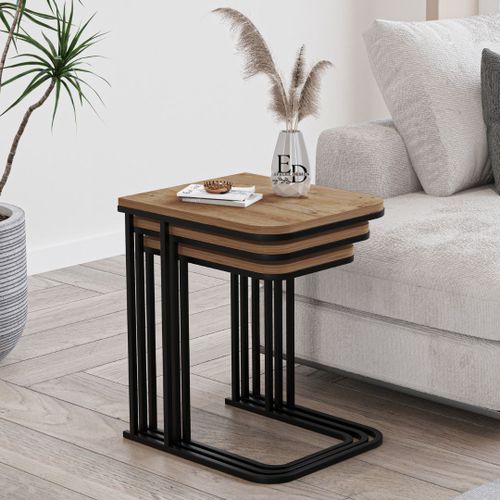 Tables Gigognes Rectangulaires Bois Naturel - Modele Lyon - Set De 3 Tables Basses Design Industriel En Metal Noir