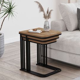 Tables Gigognes Rectangulaires Bois Naturel - Modele Lyon - Set De 3 Tables Basses Design Industriel En Metal Noir