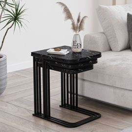 Tables Gigognes Rectangulaires Effet Marbre Noir - Modele Lyon - Set De 3 Tables Basses Design En Metal Noir
