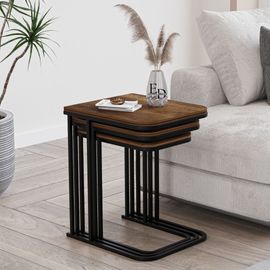 Tables Gigognes Rectangulaires Bois Fonce - Modele Lyon - Set De 3 Tables Basses Design Metal Noir Industriel