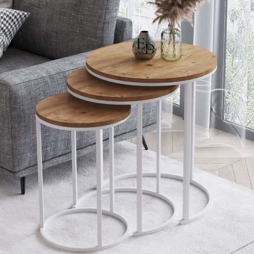 Tables Gigognes Paris Rondes Bois Naturel - Set De 3 Tables Basses Scandinaves - Pieds Metal Blanc Minimaliste
