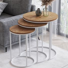 Tables Gigognes Paris Rondes Bois Naturel - Set De 3 Tables Basses Scandinaves - Pieds Metal Blanc Minimaliste
