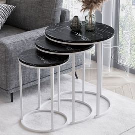 Tables Gigognes Paris Rondes Effet Marbre Noir - Set De 3 Tables Basses Design - Pieds Metal Blanc Moderne