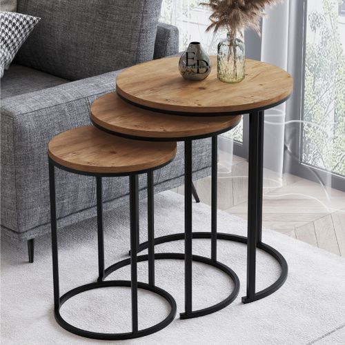 Tables Gigognes Paris Rondes Bois Naturel - Set De 3 Tables Basses Design Scandinave - Pieds Metal Noir