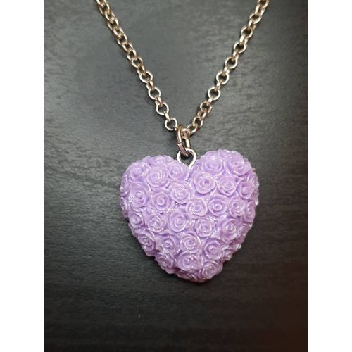 Collier "C?ur Fleurs" Violet En Acier Inoxydable
