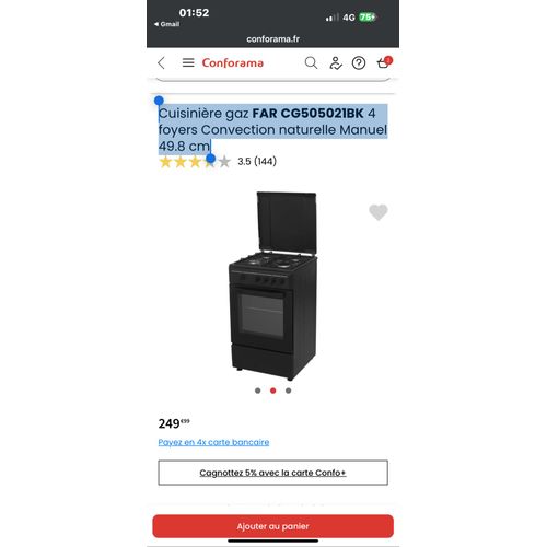 Cuisinière gaz FAR CG505021BK 4 foyers Convection naturelle Manuel 49.8 cm