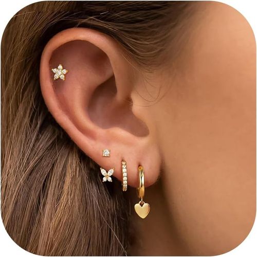 4 Paires De Boucles Doreilles En Or Pour Plusieurs Piercings, Hypoallergénique S925 Argent Sterling Plaqué Or 14 Carats Petites Créoles Et Boucles Doreilles Pour Femme[H697]