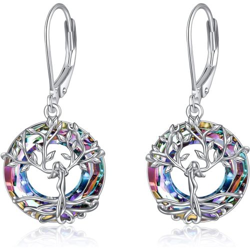 Boucles D'oreilles Pendantes Arbre De Vie En Argent Sterling Avec Cristal Bleu - Cadeau D'anniversaire Pour Femme[H2003]