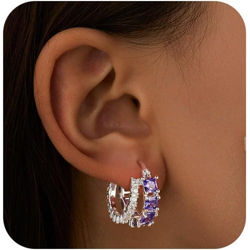 Boucles D'oreilles Créoles Doubles En Argent Pour Femme, Créoles Carrées Épaisses En Argent Plaqué Avec Zircone Cubique Colorée, Bijoux Cadeaux[H1537]