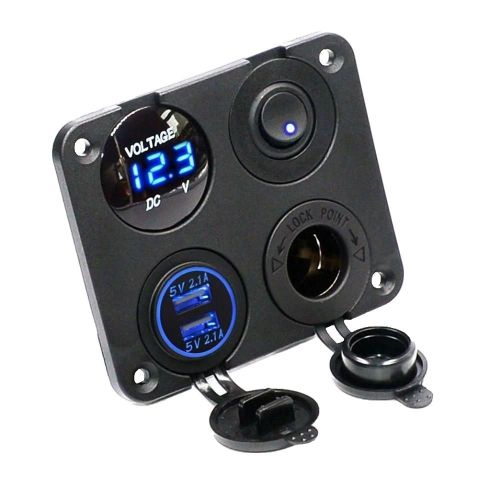 4-En-1 Voiture Bateau Voltmètre Allume-Cigare Prise Double Chargeur Usb Interrupteur Panel_Black