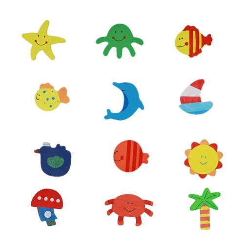 12pcs En Bois Dessin Animé Soleil Poisson Réfrigérateur Aimant Autocollants Éducation Enfant Jouet Art Déco