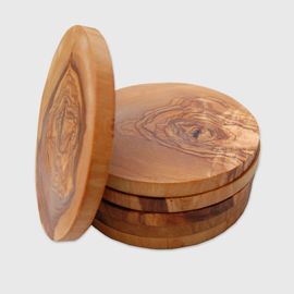 4x Dessous De Verre Ronds Ø 12 Cm En Bois D'Olivier