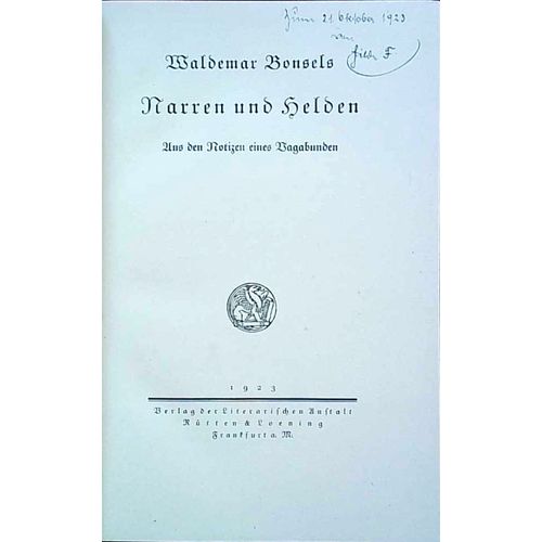 Narren Und Helden Aus Den Notizen Eines Vagabunden Hardcover By Waldemar Bonsels - 1923 - Hardcover Book
