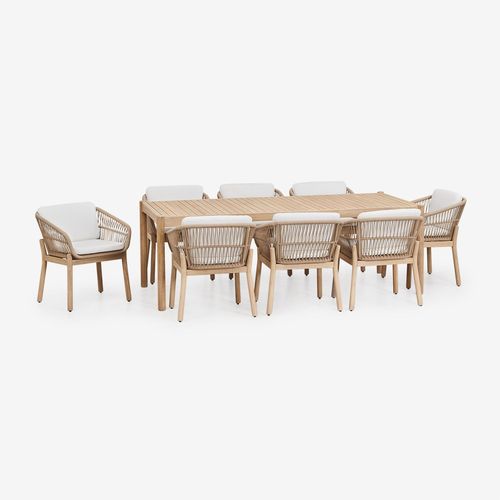 Ensemble Table Rectangulaire 220x100 Cm Et 8 Chaises De Salle À Manger En Bois D'acacia Et Corde Tressée Karvia