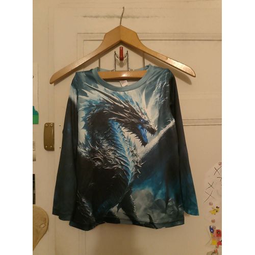 Tee-Shirt Motif Dragon Bleu Foncé/Bleu Clair 5 Ans.